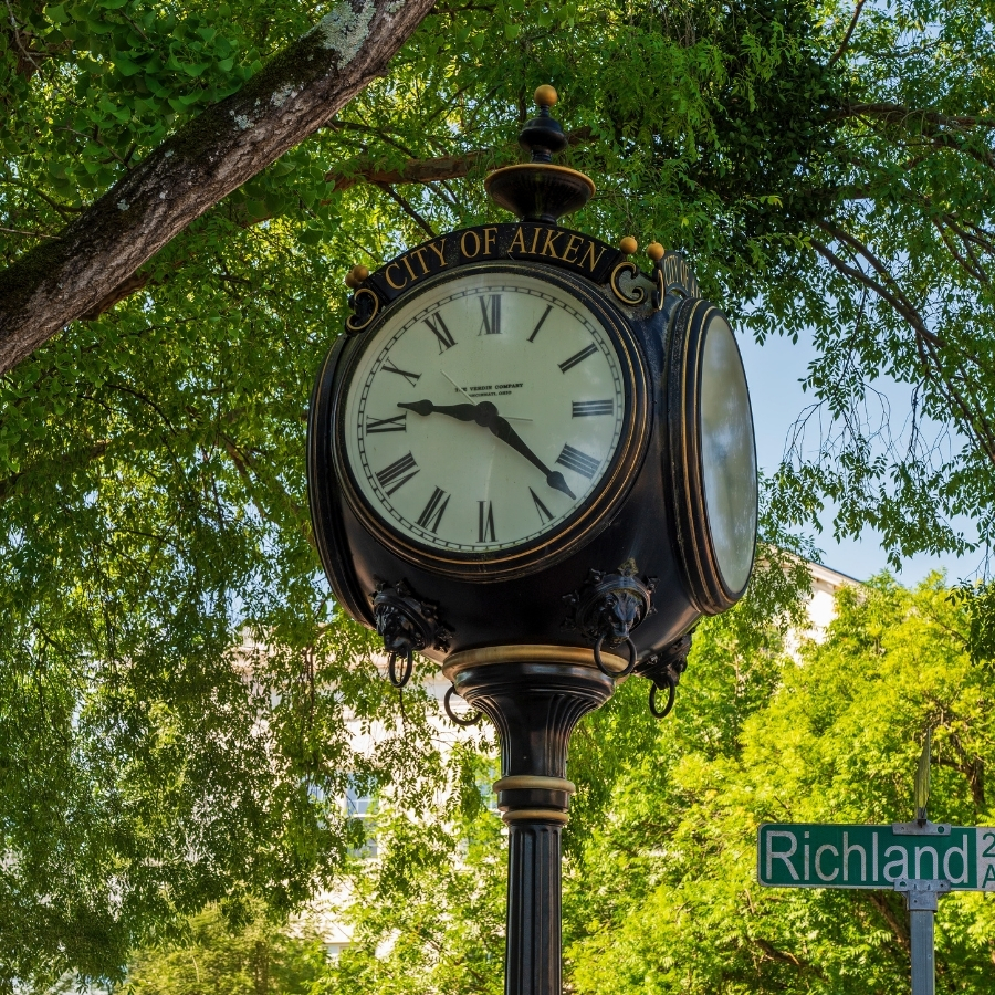 The old clock on Richland Avenue in Aiken, SC where Palmetto Financial Advisors have their offices.